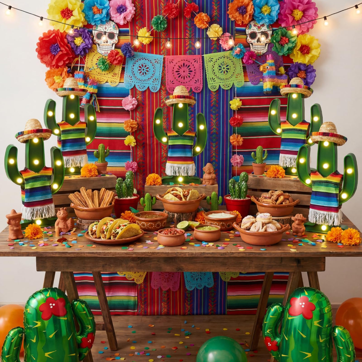 Honoson cactus light outfits add colorful flair to party displays.