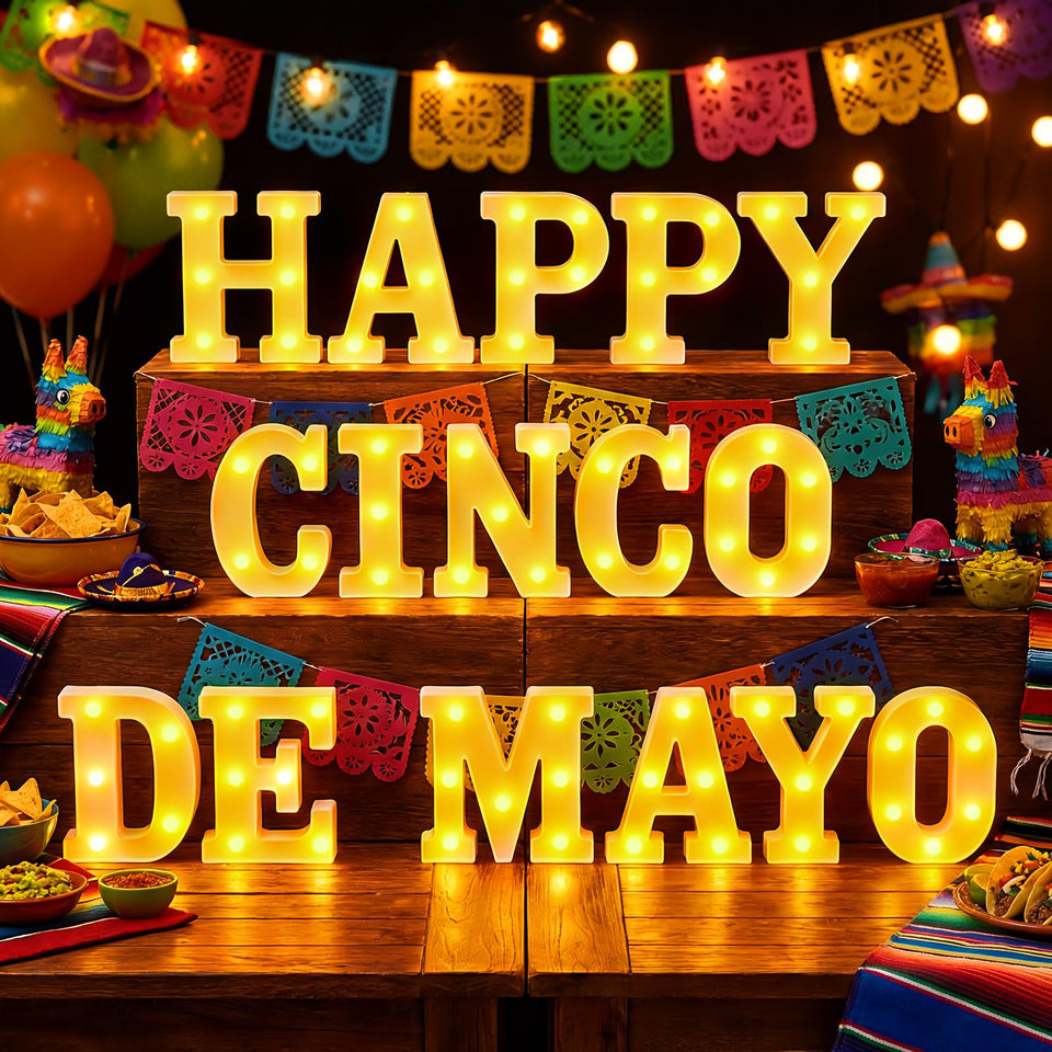 Honoson Happy Cinco De Mayo LED letters for festive table decor.