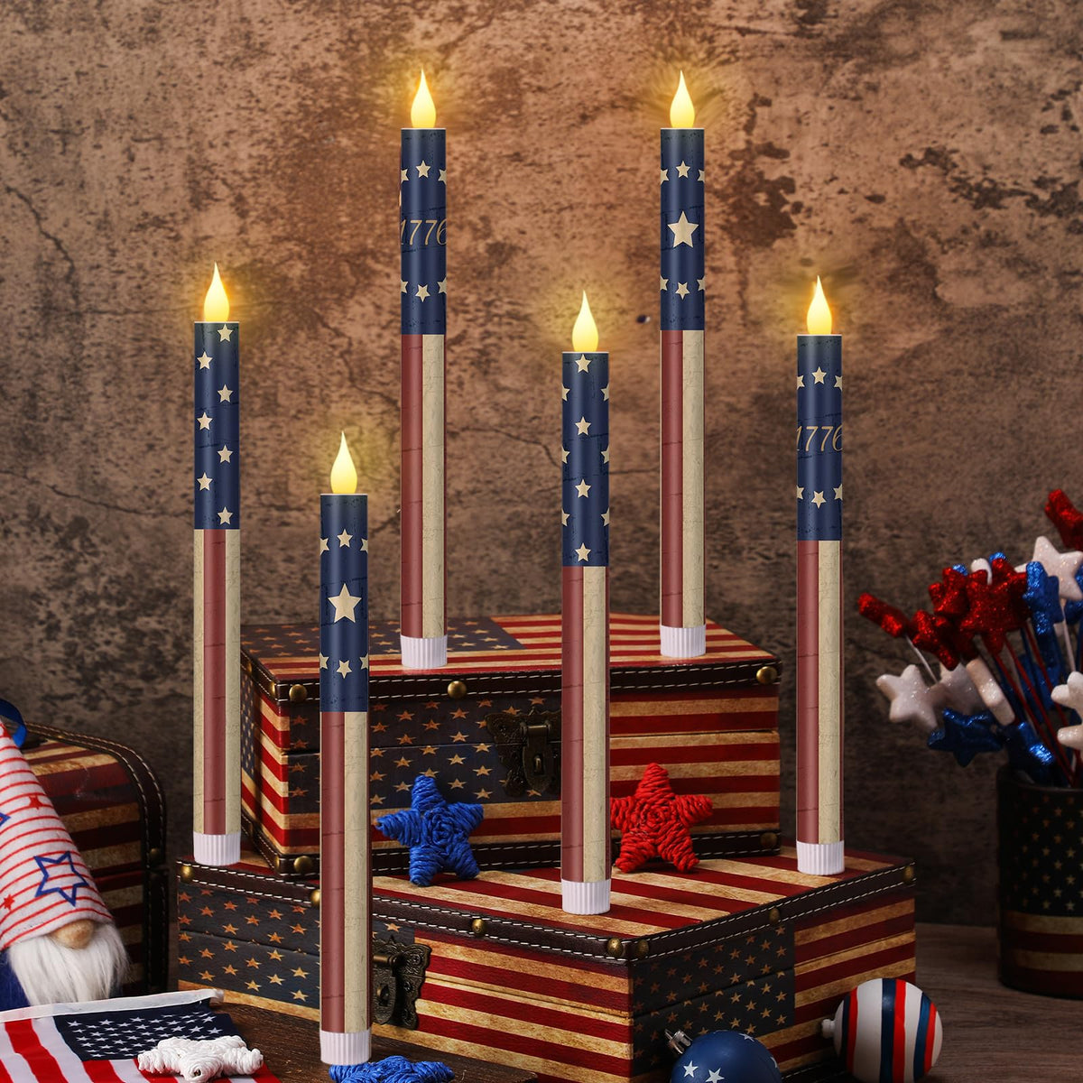 Honoson patriotic flameless taper candles six-pack for festive table decor during gatherings