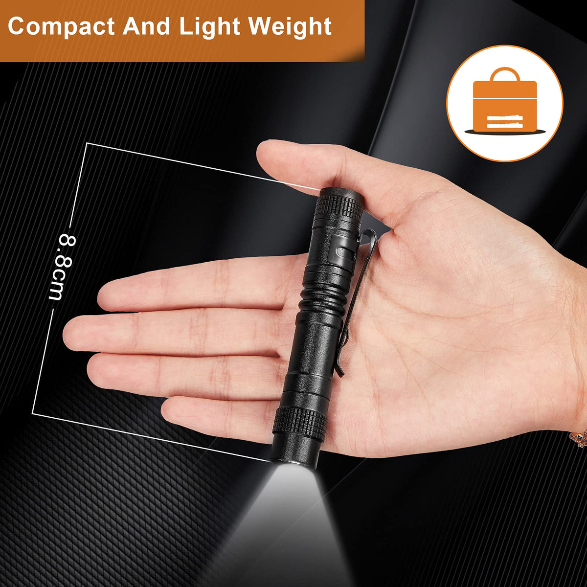 Honoson pocket flashlight shows compact 3-5 inch design for on-the-go use.
