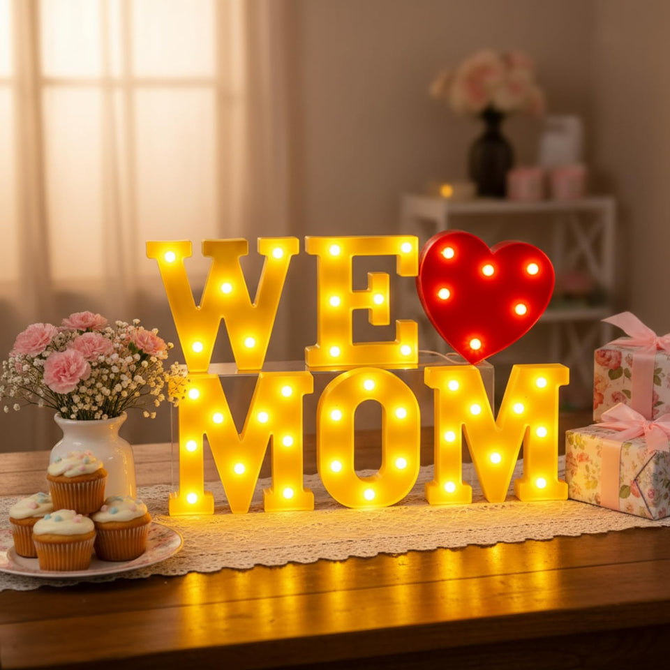 Honoson We Love Mom heart LED sign with warm glow for table display