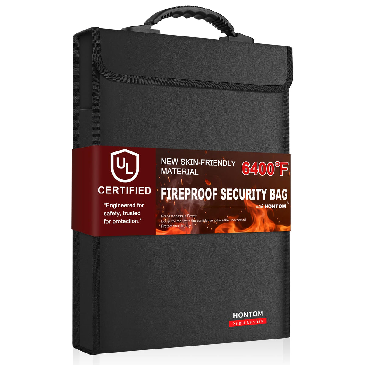 Hontom 6400℉ fireproof bag with lid ensures secure lid for safe document storage.