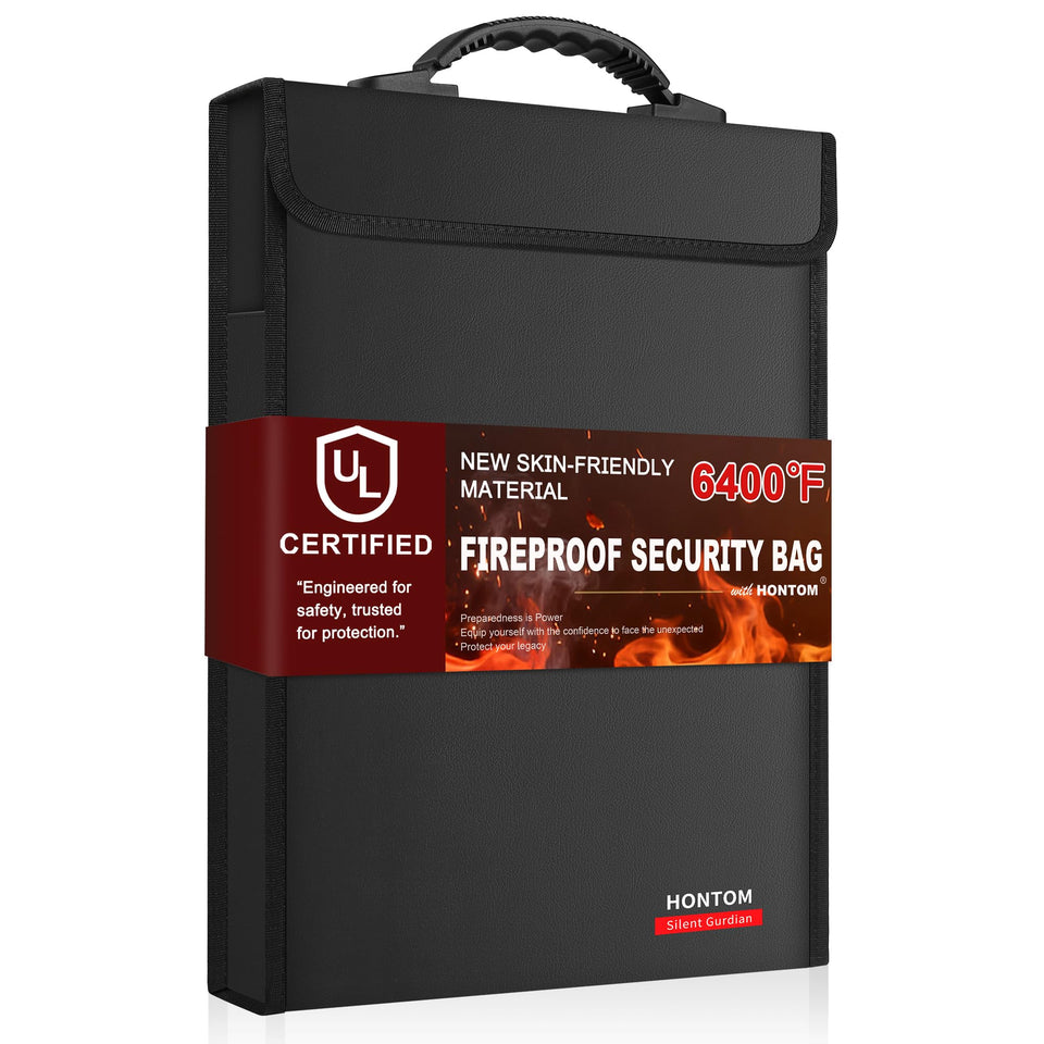 Hontom 6400℉ fireproof bag with lid ensures secure lid for safe document storage.