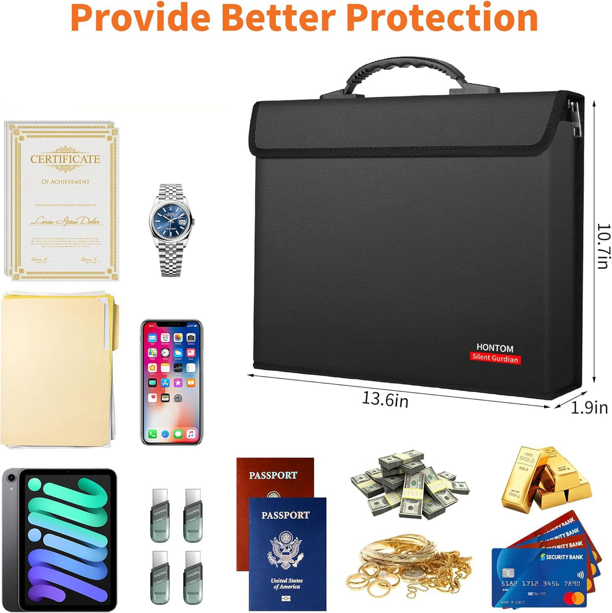 Hontom fireproof bag size 13.6 by 10.7 inches fits passports and papers