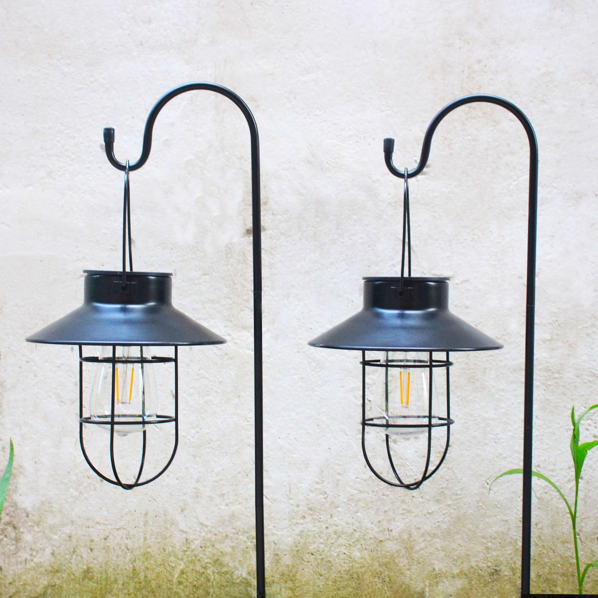 HOOEN lantern on shepherd hook for easy patio hanging