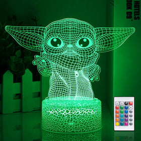 Hoofun Baby Yoda 3D night light on bedside table provides soft illumination.