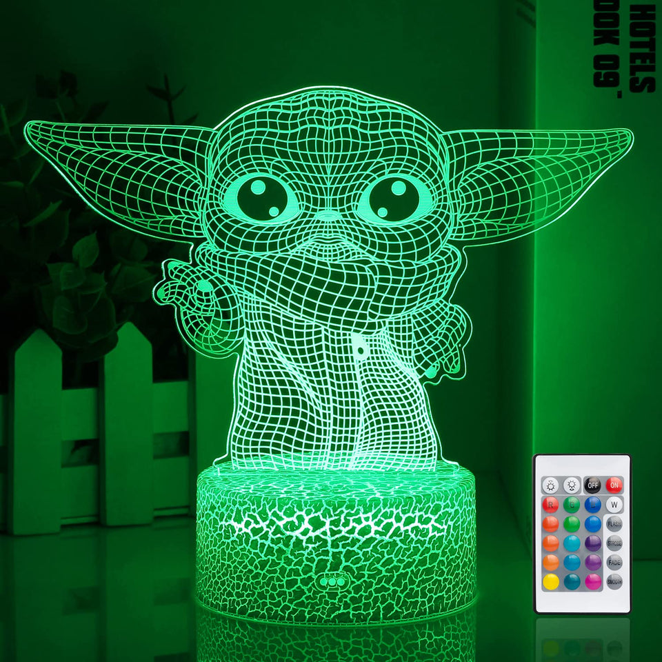 Hoofun Baby Yoda 3D night light on bedside table provides soft illumination.