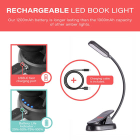 Hooga Amber Book Light 1200mAh battery powers up to 30 hours of amber light.
