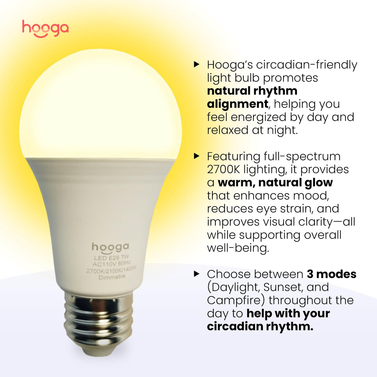 Hooga circadian 2100K for evening relaxation and focus.