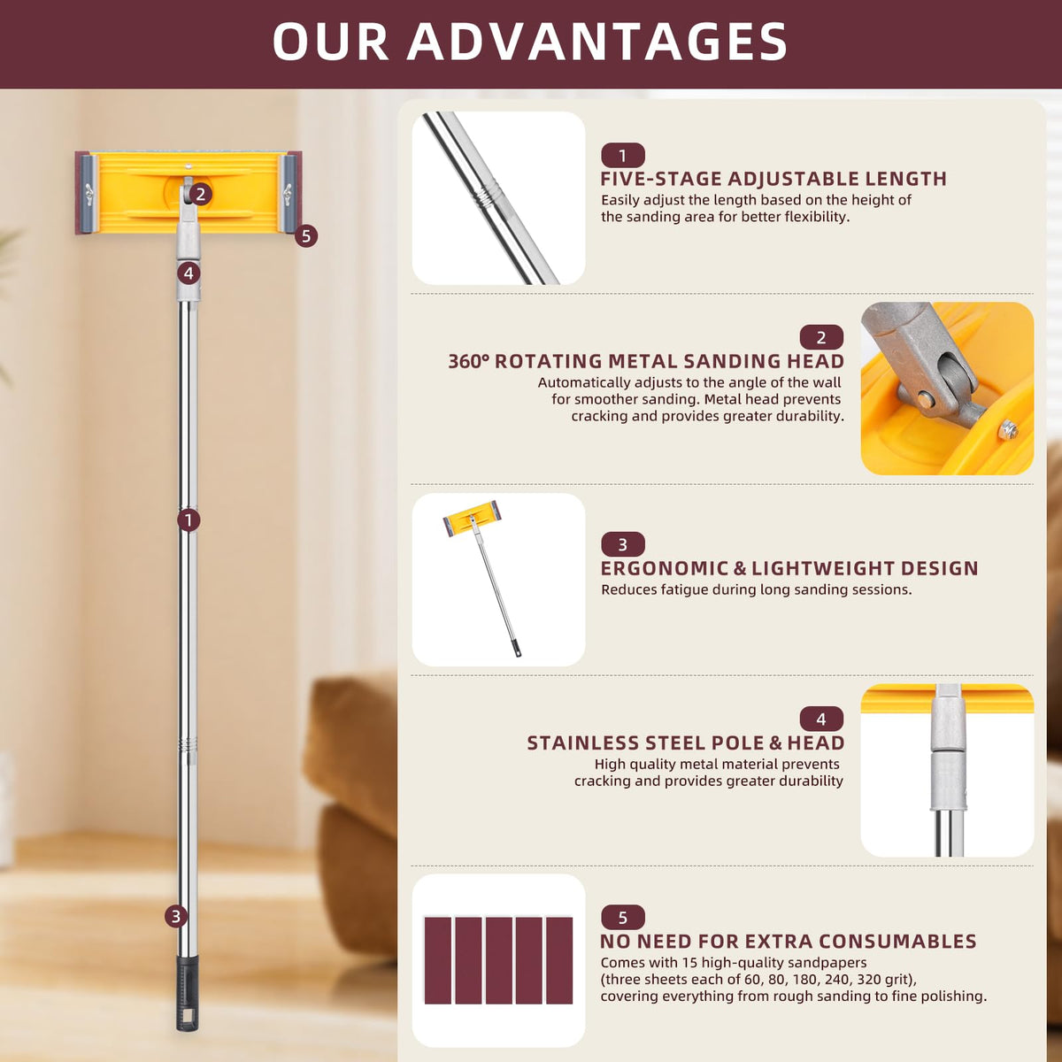 HOOMESUN Pole Sander in use on drywall and wood for paint-ready surfaces.