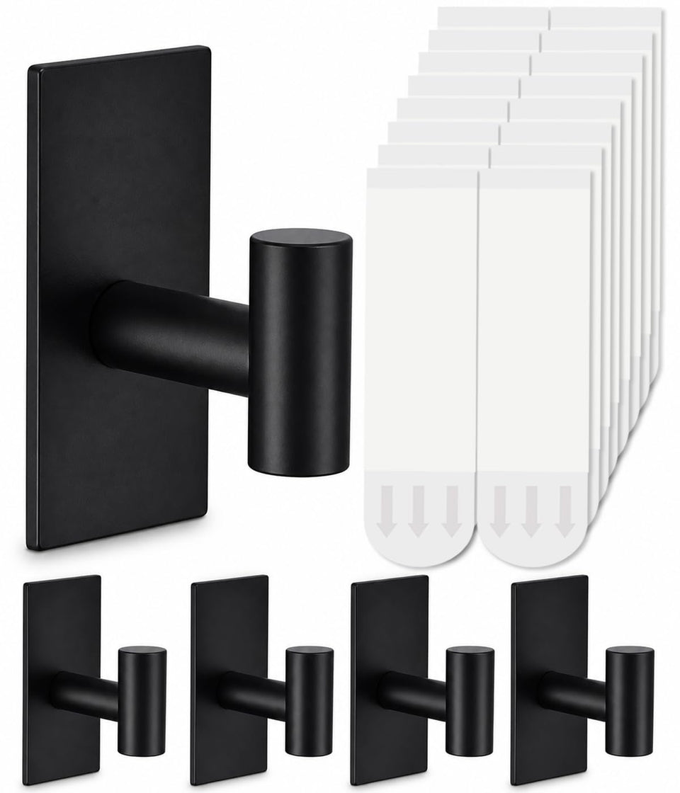 Hoousuper 5pc towel hooks front view highlights sleek black stainless steel design