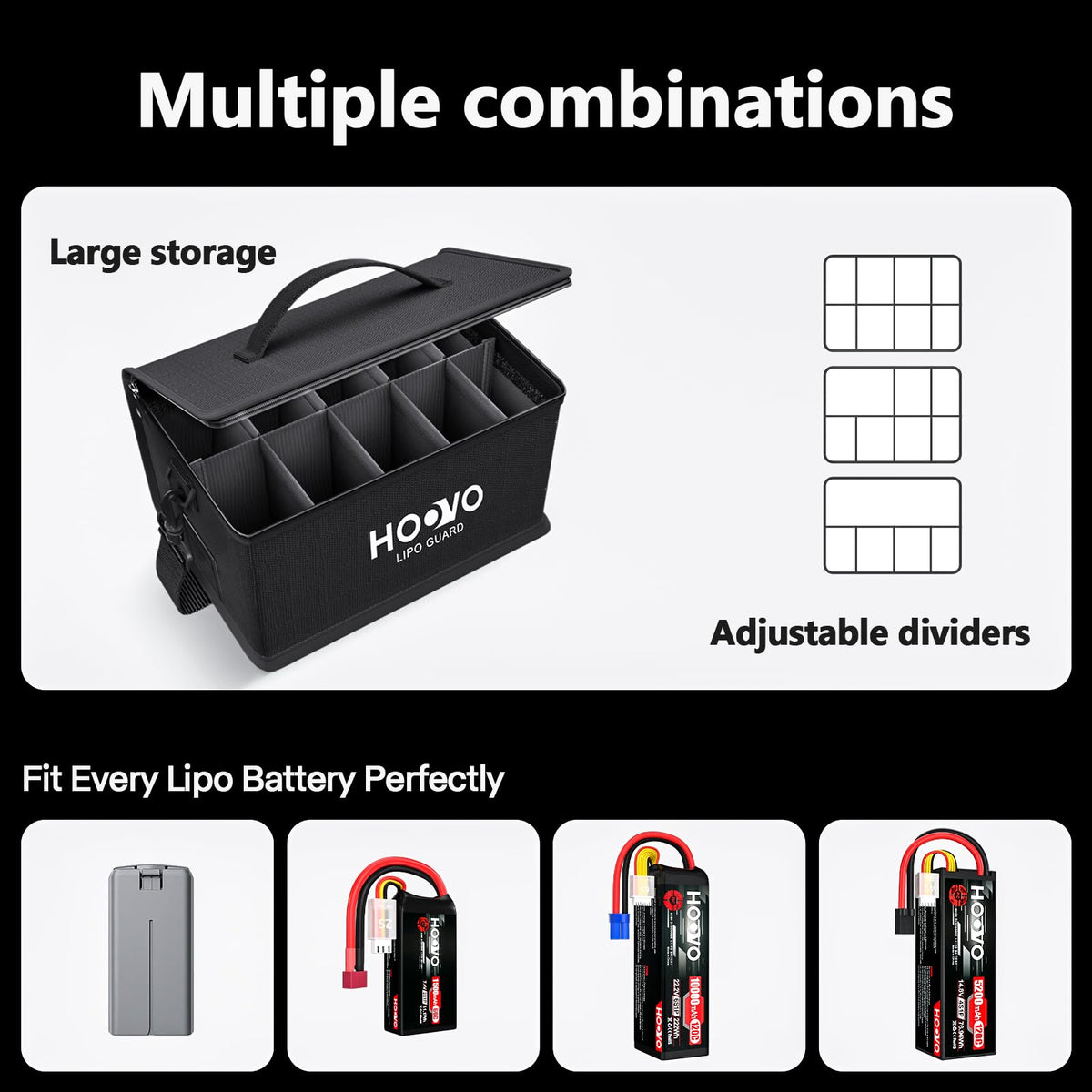 HOOVO Lipo Bag heat-resistant exterior protects batteries during transport.