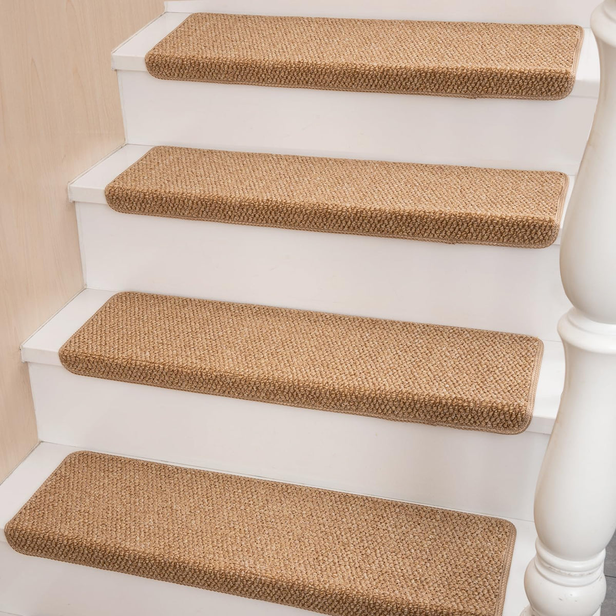 Hopeviva bullnose stair treads on wooden steps provide non-slip traction.
