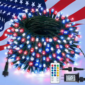 Hopolon red white blue 33ft string lights with remote for patriotic decor