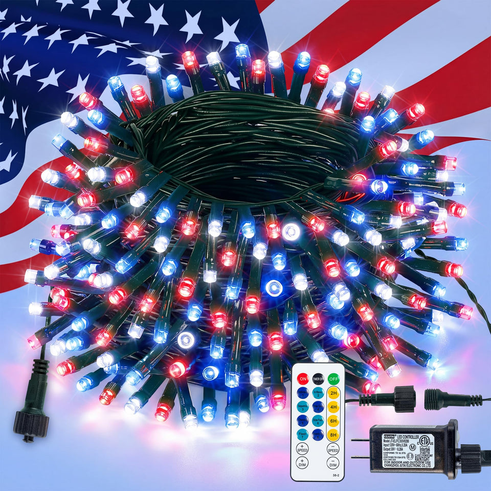 Hopolon red white blue 33ft string lights with remote for patriotic decor