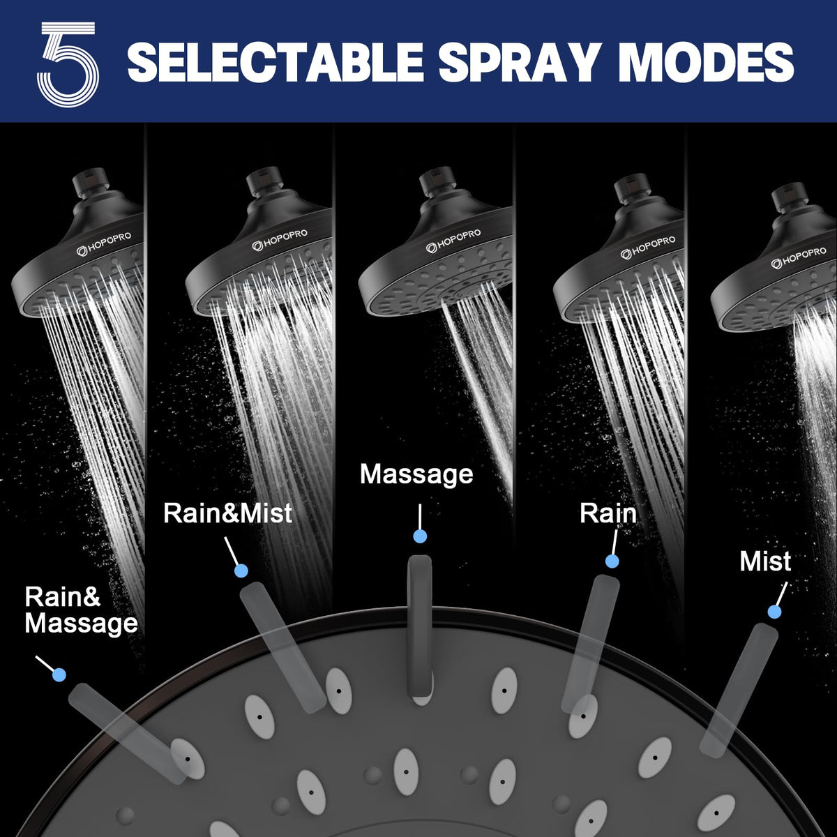 HOPOPRO 5-mode high pressure shower head side view shows adjustable angle for versatile bathroom setup.
