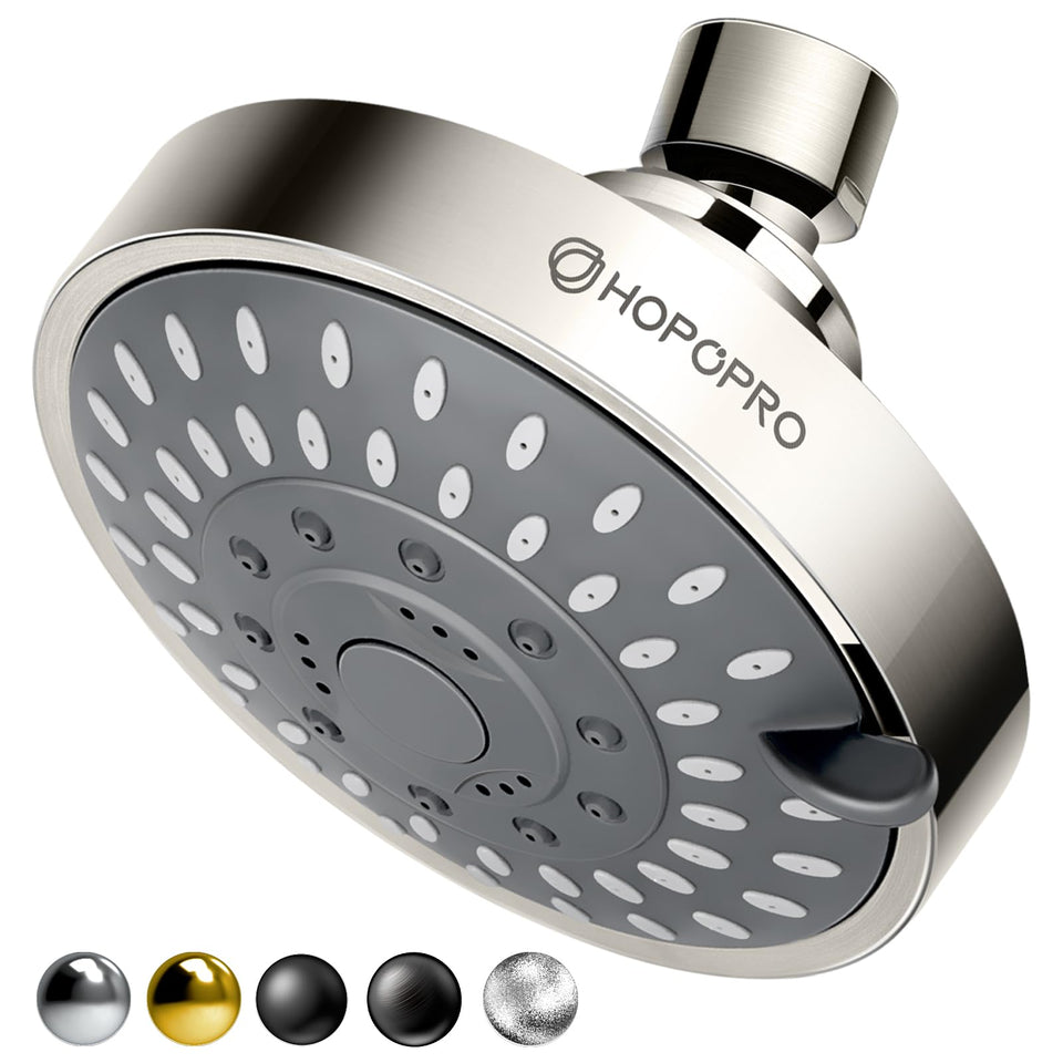 HOPOPRO 5-mode showerhead front view in brushed nickel with high-pressure spray
