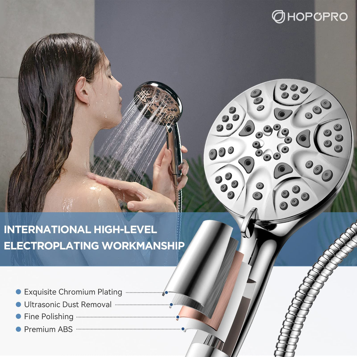 HOPOPRO 59-inch stainless steel hose for flexible reach during showers.