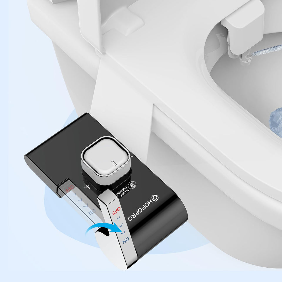 HOPOPRO bidet lever control close-up showing easy one-finger pressure adjustment for all ages