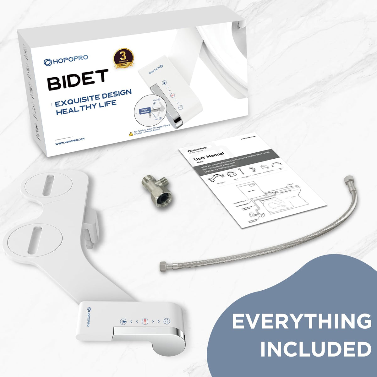 HOPOPRO bidet tank replacement packaging, all-in-one upgrade kit.