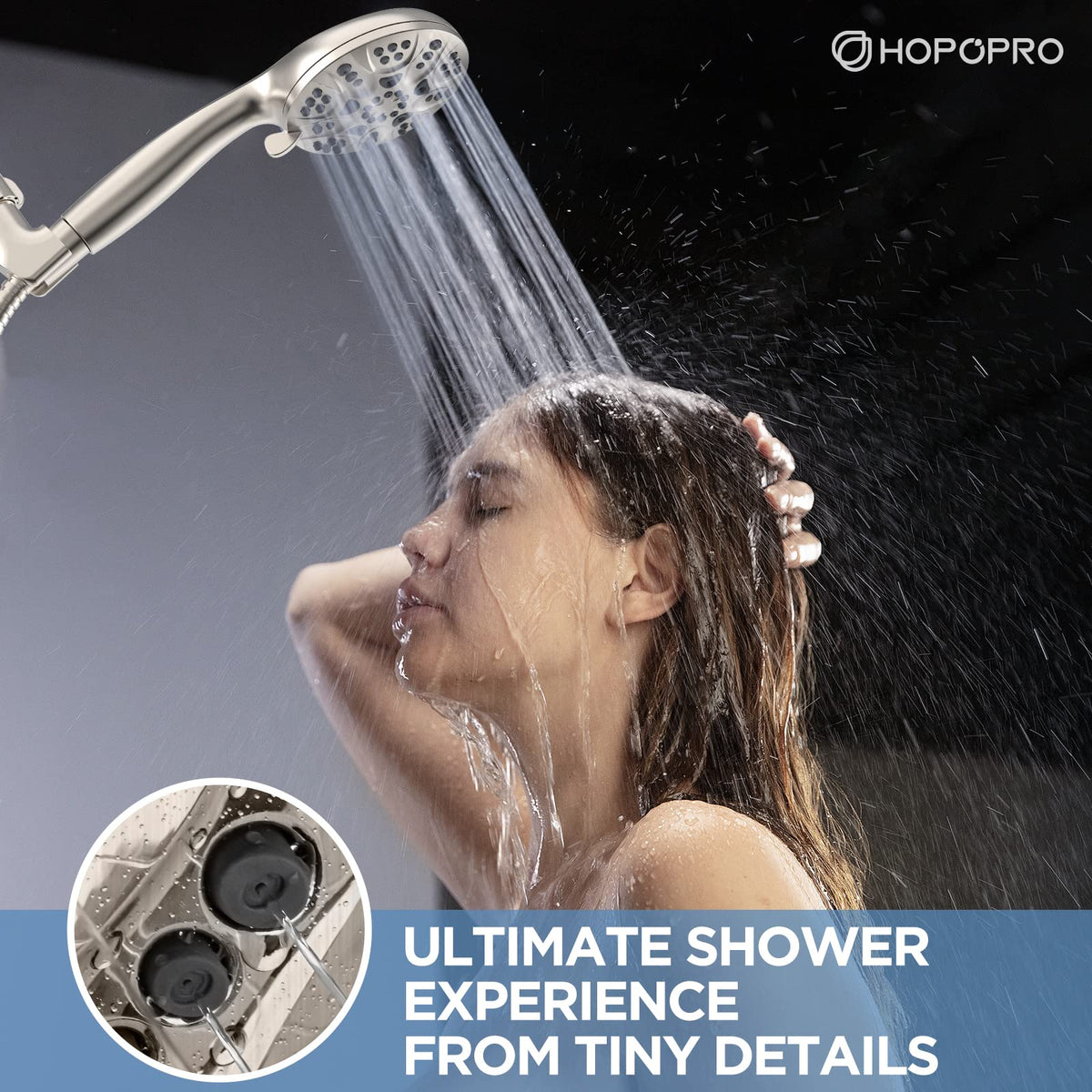 HOPOPRO chrome-plated showerhead closeup highlights durable finish and smooth rotation