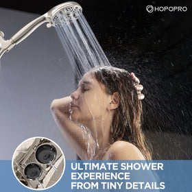 HOPOPRO chrome-plated showerhead closeup highlights durable finish and smooth rotation