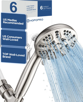 HOPOPRO high-flow handheld showerhead with angled view showing powerful spray and water-saving design