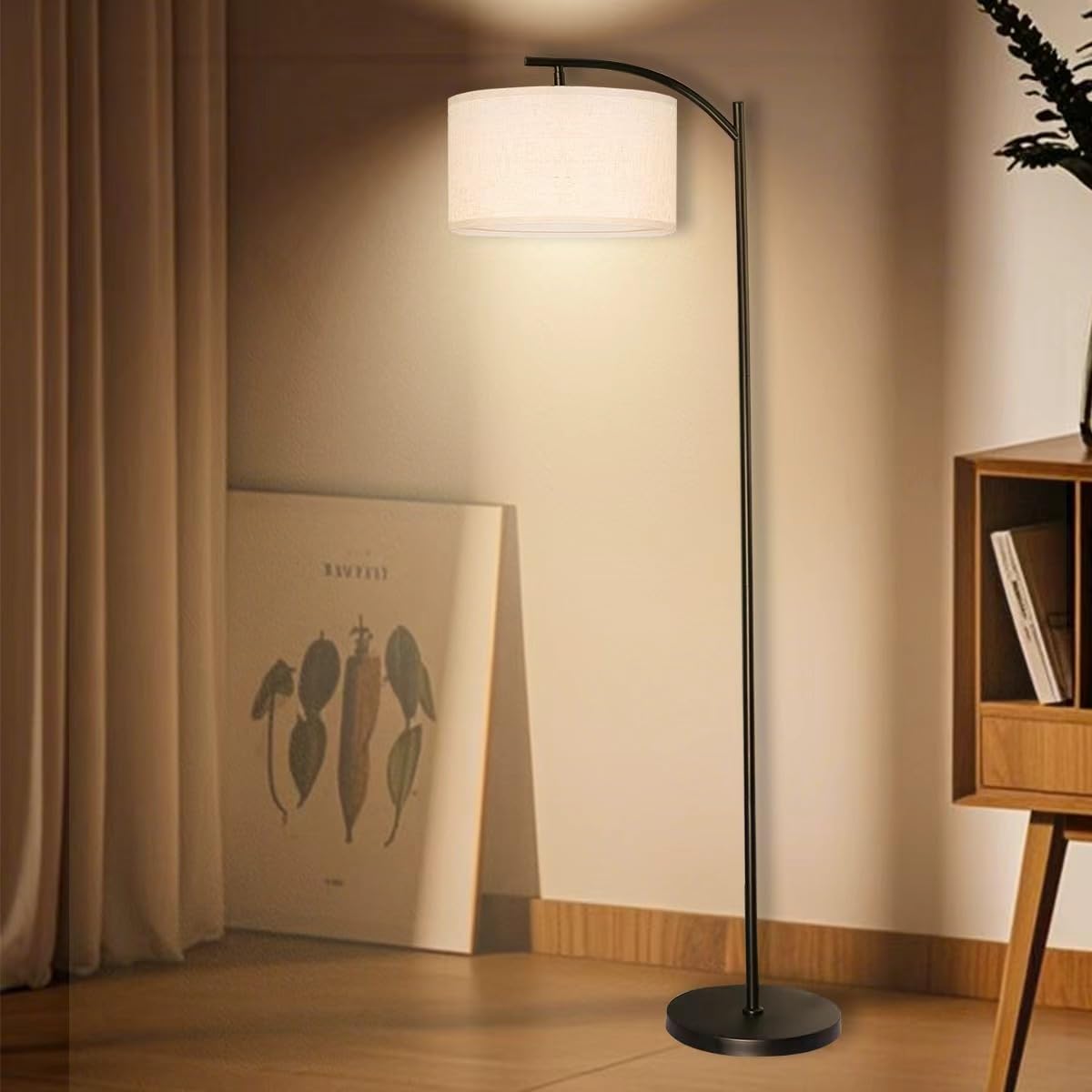HoperBriwght floor lamp with linen shade creates soft, inviting living room lighting.