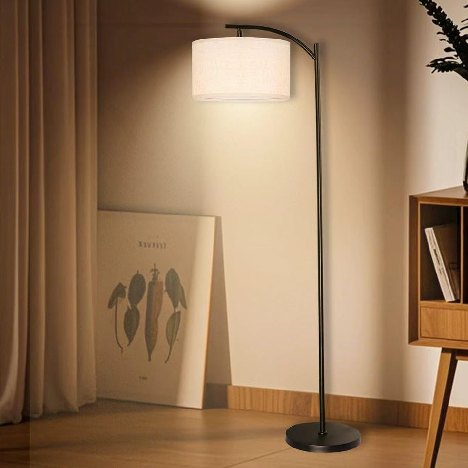 HoperBriwght floor lamp with linen shade creates soft, inviting living room lighting.