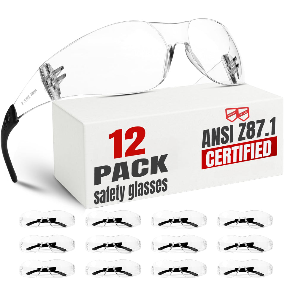 Hoqiwild 12-pack clear safety glasses protect eyes from debris during work.