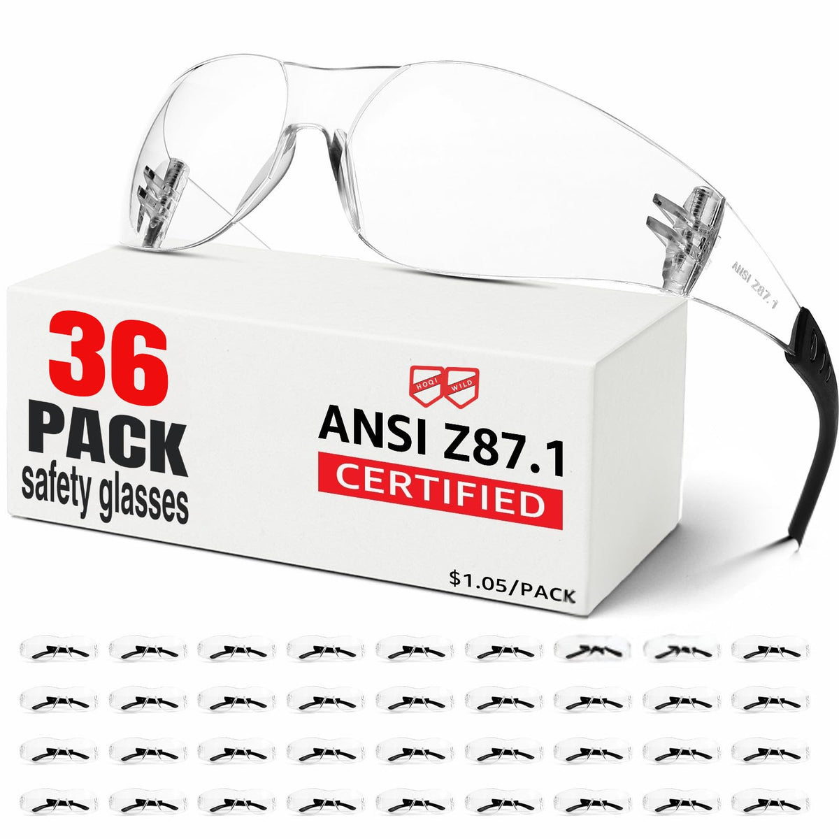 Hoqiwild ANSI Z87.1 clear safety glasses with wraparound design protect eyes on busy construction sites