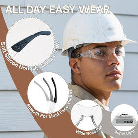Hoqiwild wraparound clear safety glasses with Crystal HD lens for distortion-free visibility.