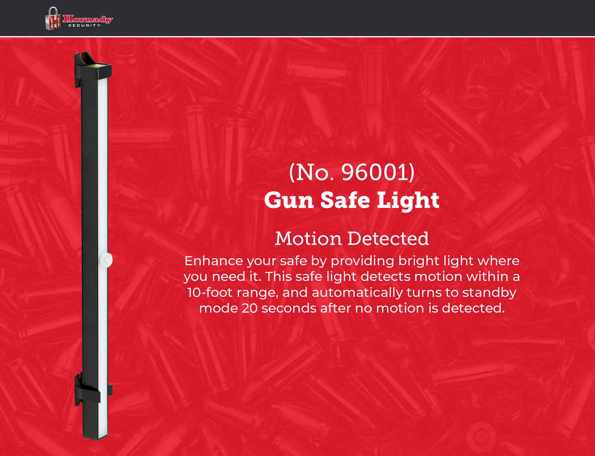 Hornady safe light mounted under cabinet for clear shelf visibility.