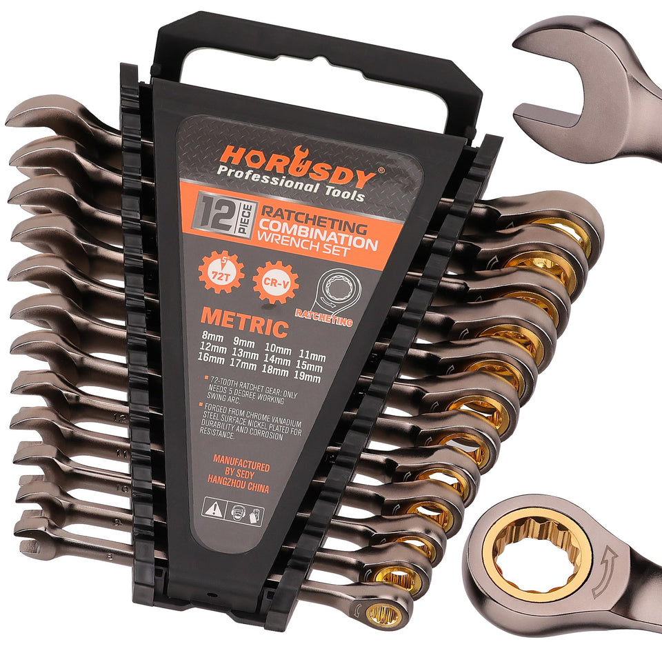 HORUSDY 12-piece metric ratcheting wrench set in full case for organized, efficient work