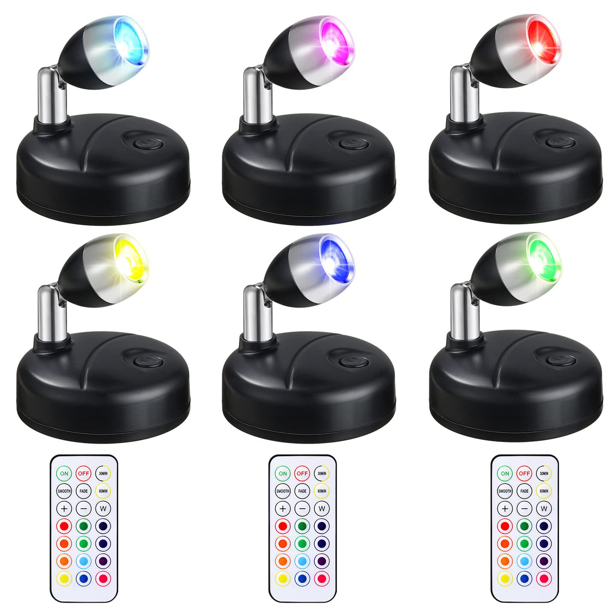 Hortsun 6-piece battery-operated spotlights illuminate walls and displays.