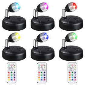 Hortsun 6-piece battery-operated spotlights illuminate walls and displays.