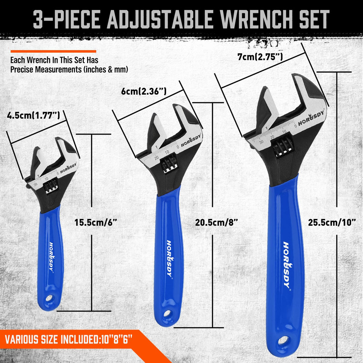 HORUSDY 10-inch adjustable wrench with wide jaw for large fasteners.