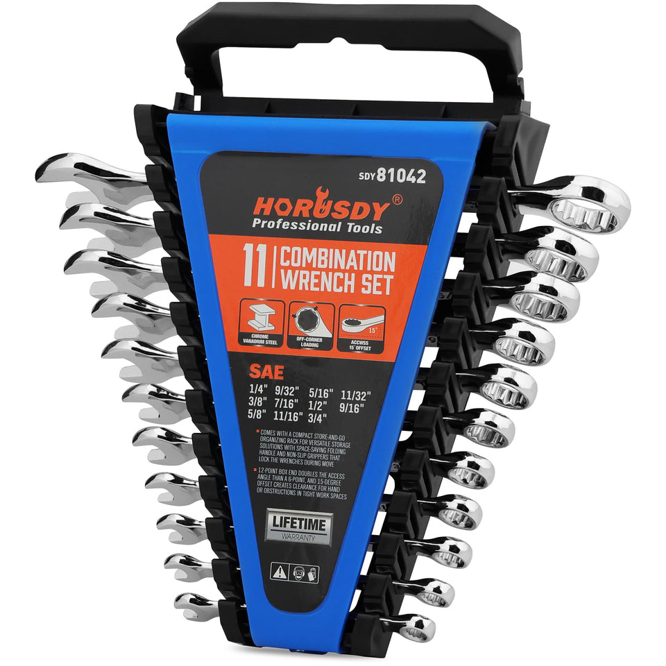 HORUSDY 11-piece SAE wrench set organized for quick access.