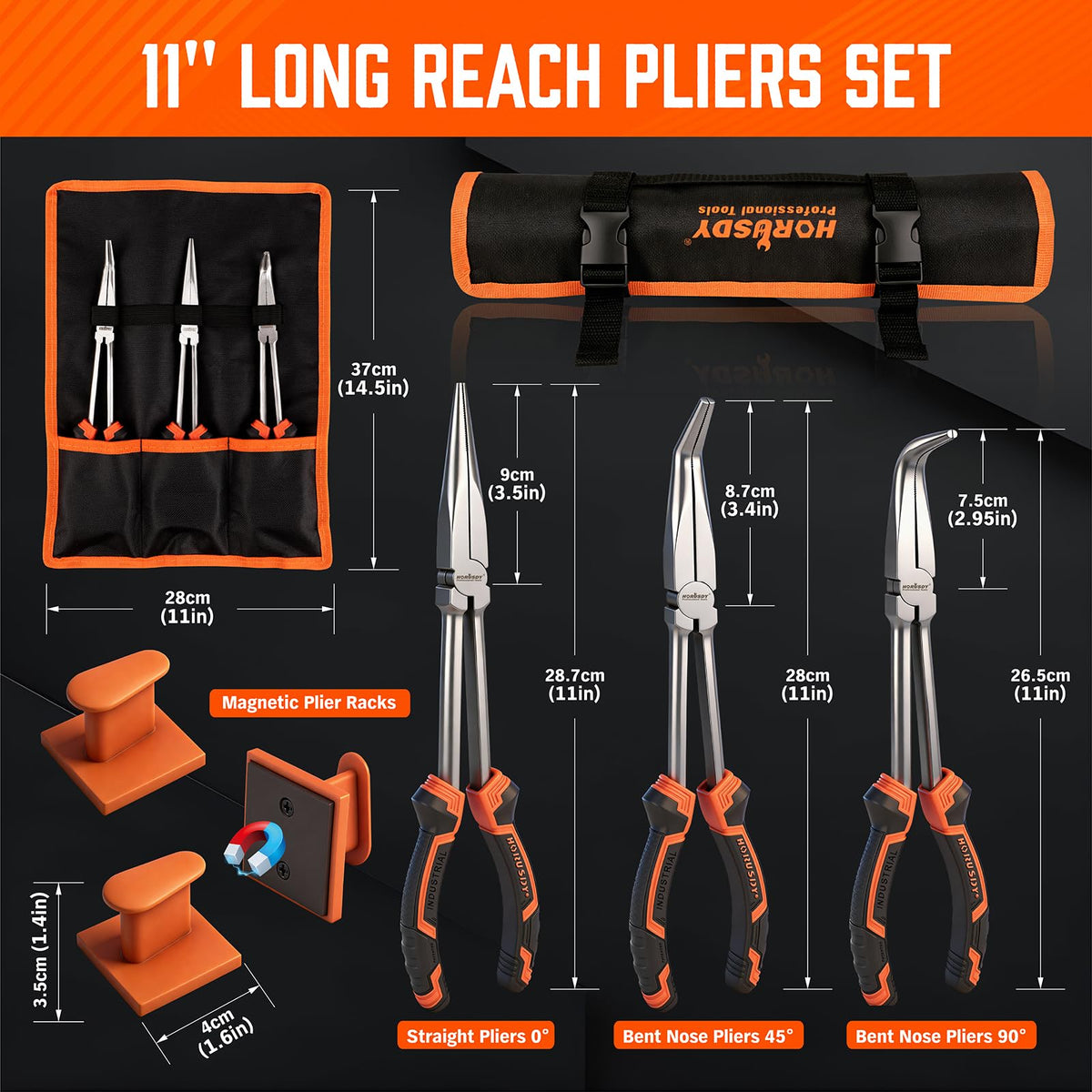 HORUSDY 11-inch long-reach pliers at 45-degree angle for wiring tasks.
