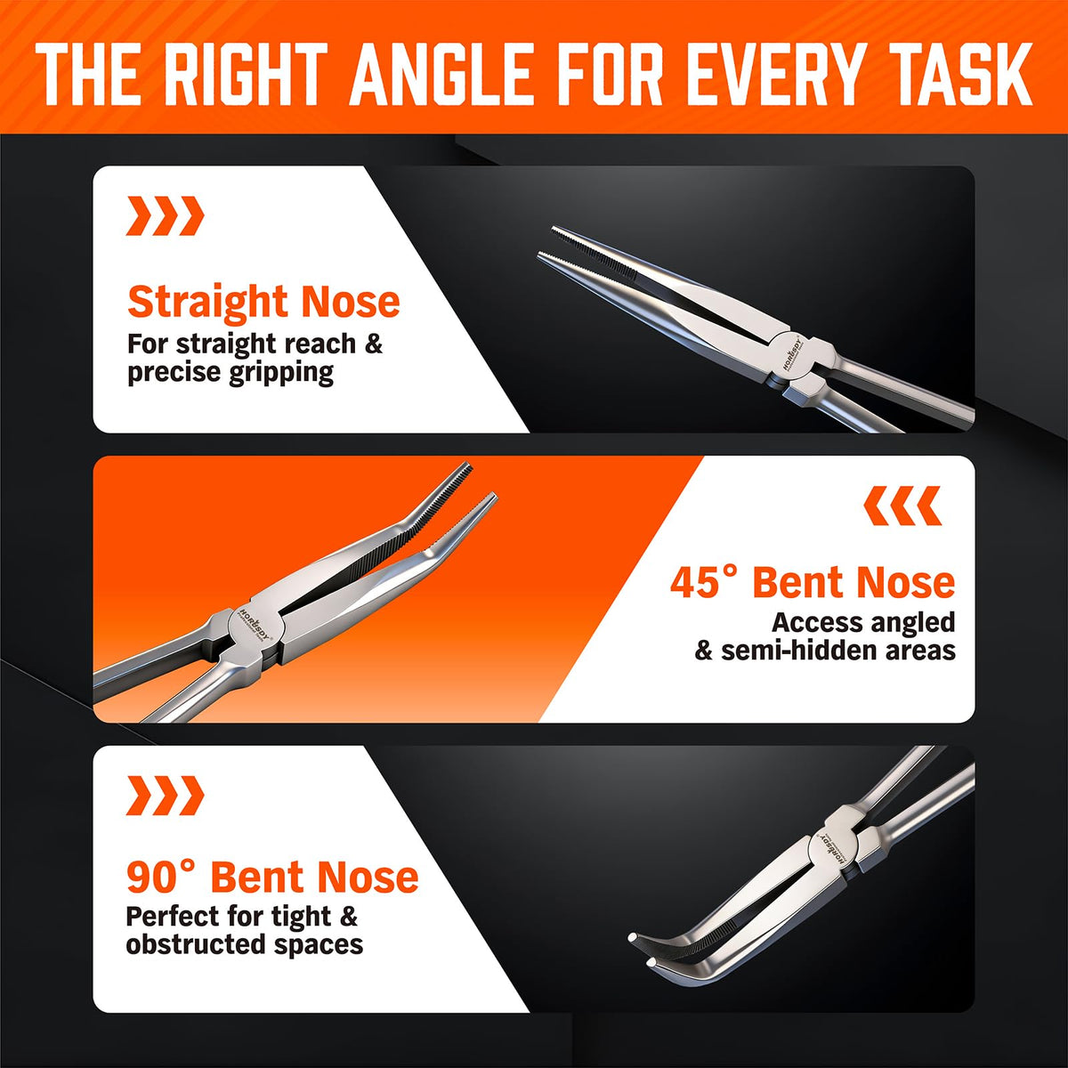 HORUSDY 11-inch long-reach pliers with 90-degree tip for cramped clamps.