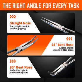 HORUSDY 11-inch long-reach pliers with 90-degree tip for cramped clamps.