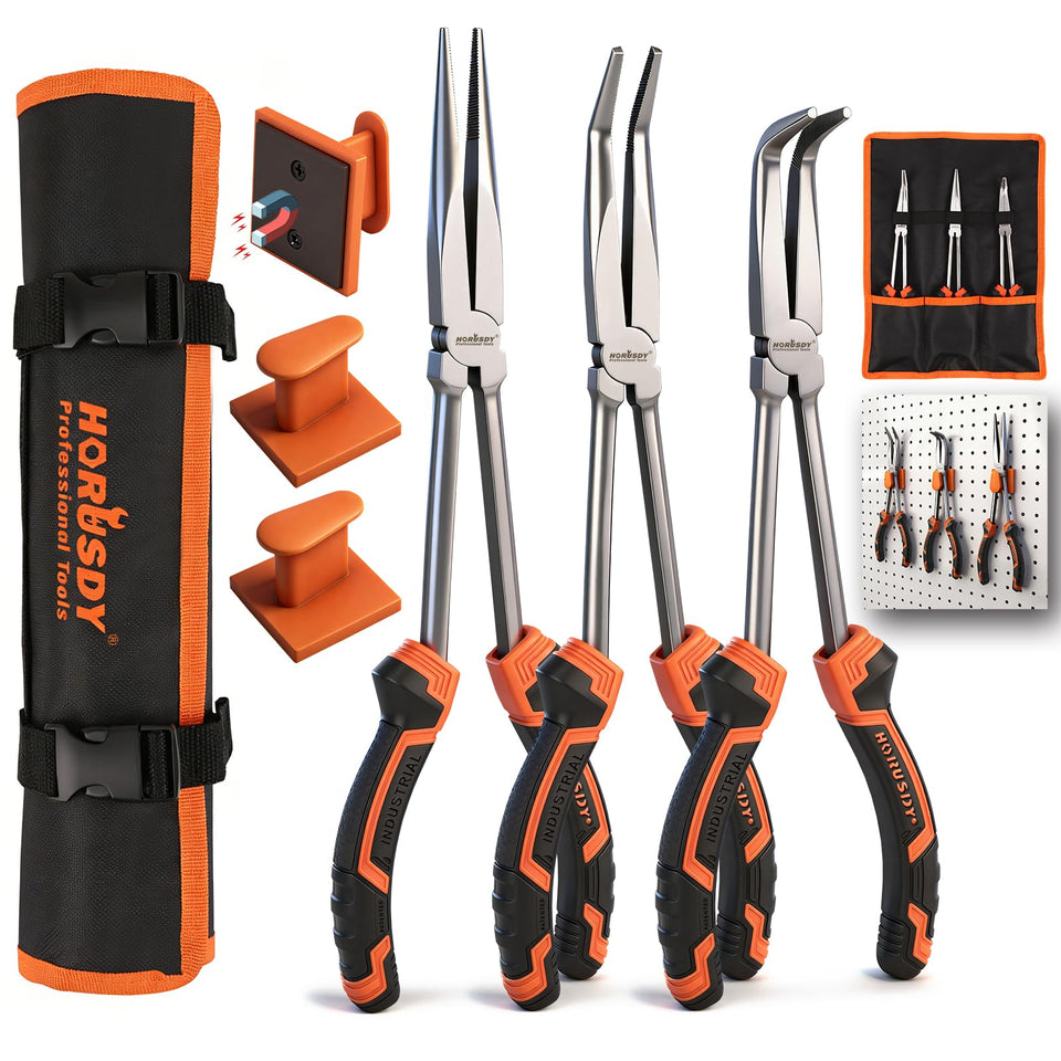 HORUSDY 11-inch straight long-reach pliers for deep access in tight spaces.