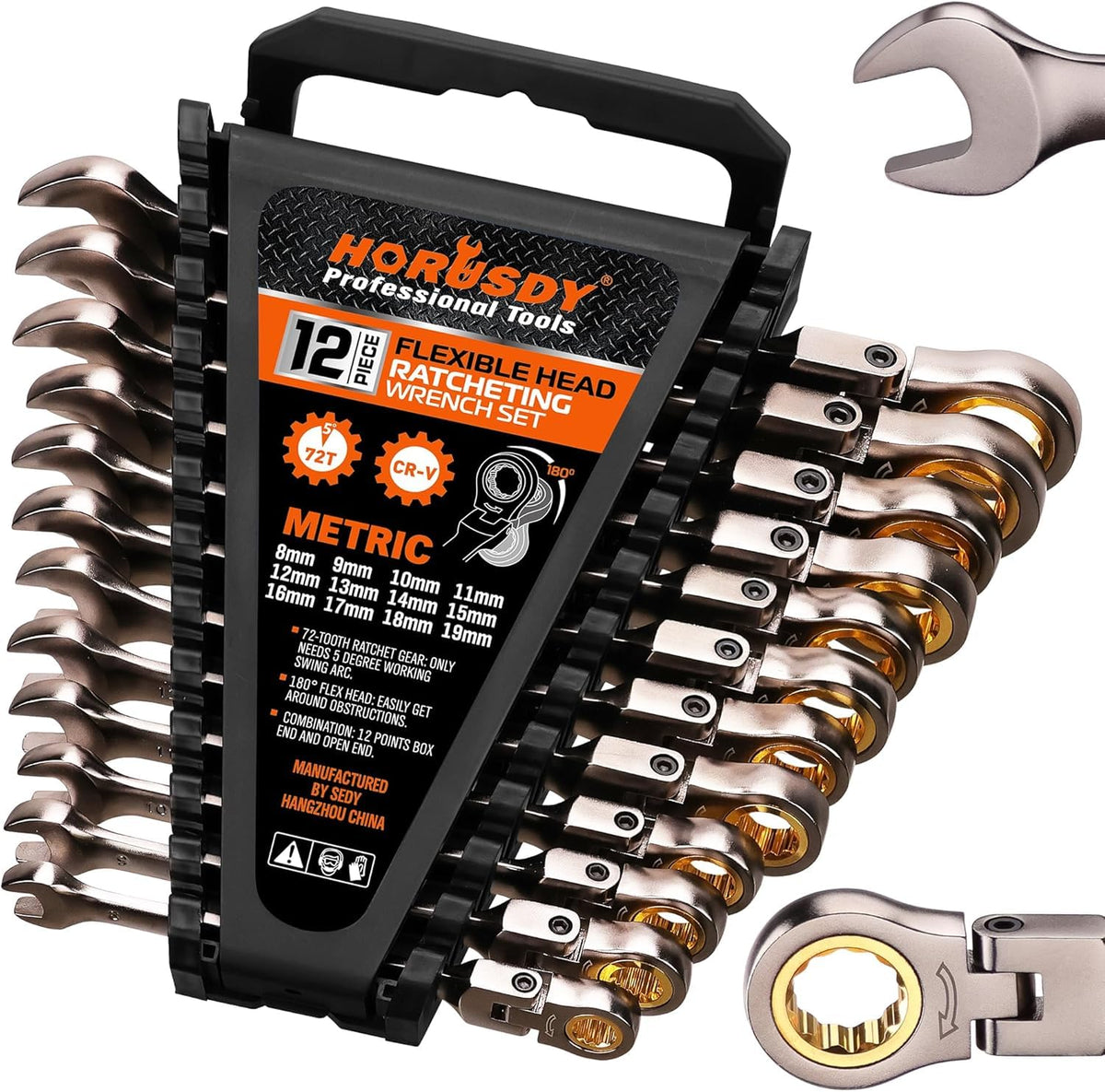 HORUSDY 12-piece flex-head set covering 8-19 mm for versatile bolt work.
