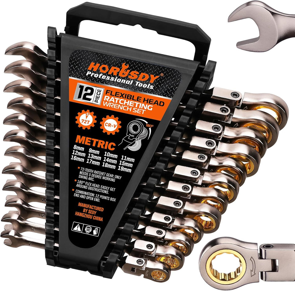 HORUSDY 12-piece flex-head set covering 8-19 mm for versatile bolt work.