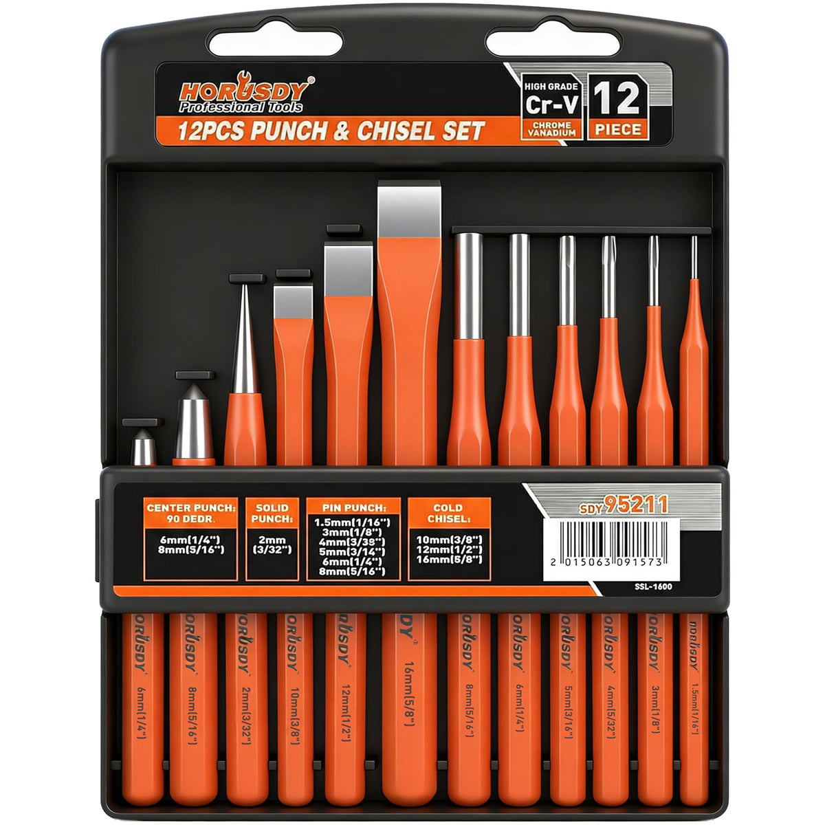 HORUSDY 12-piece punch and chisel set in a compact case for portable use.