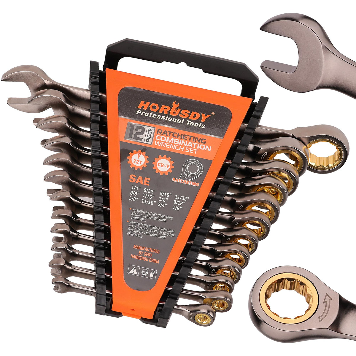 HORUSDY 12-piece SAE ratcheting wrenches organized in rack for easy access