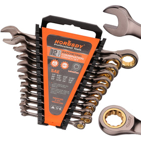 HORUSDY 12-piece SAE ratcheting wrenches organized in rack for easy access