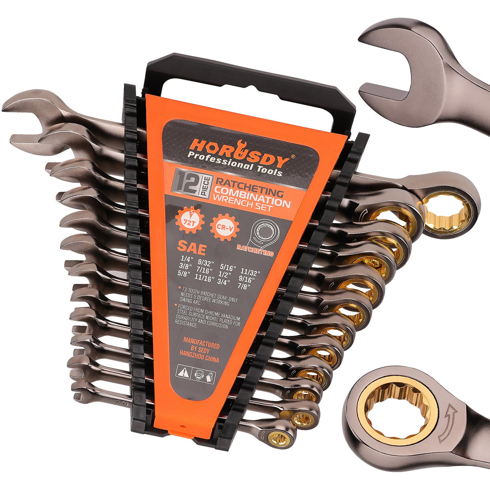 HORUSDY 12-piece SAE ratcheting wrenches organized in rack for easy access