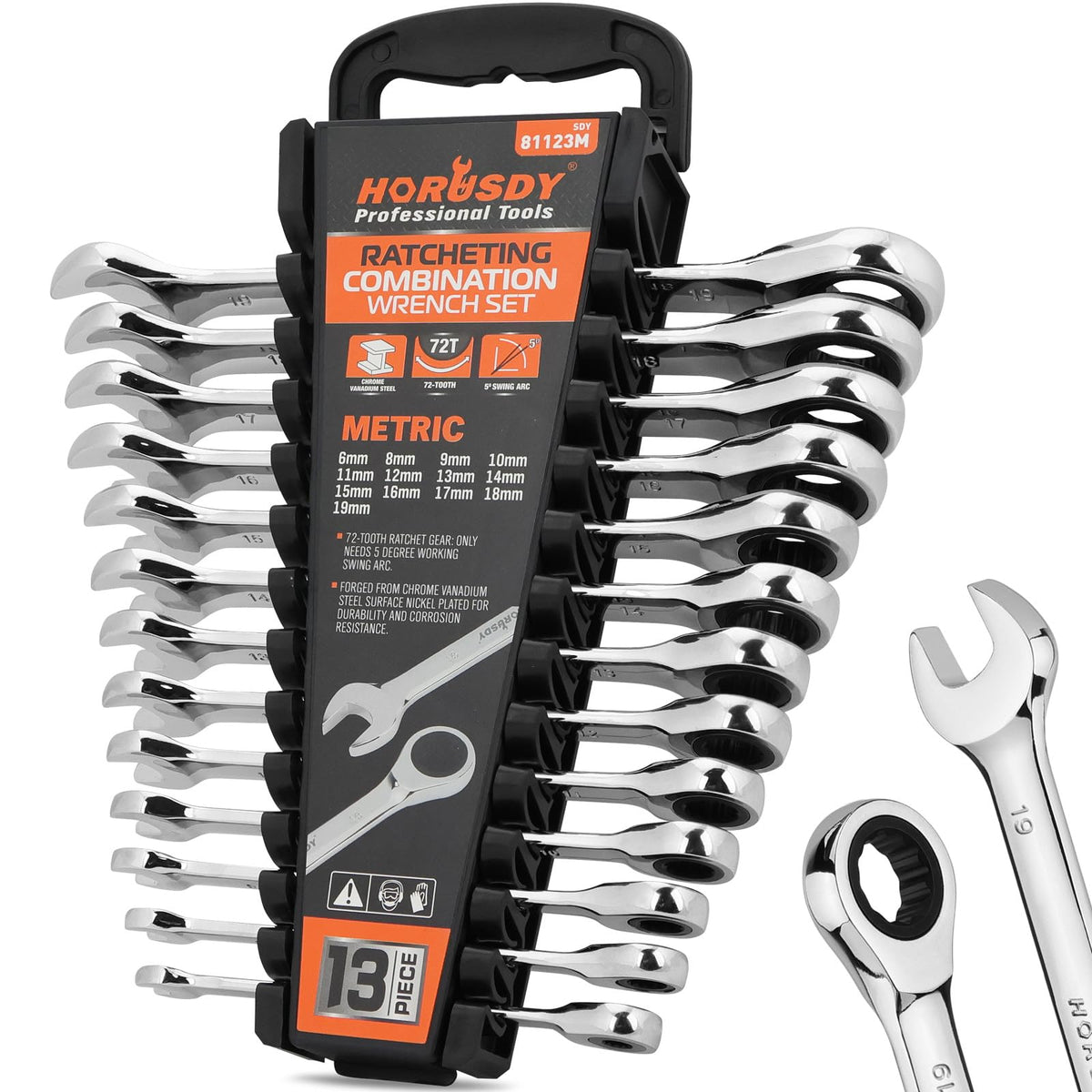 HORUSDY 13-piece ratcheting wrench set with 72-tooth mechanism for tight spaces