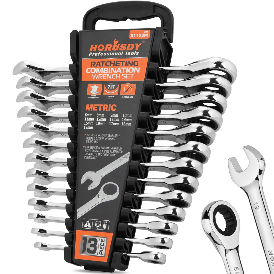HORUSDY 13-piece ratcheting wrench set with 72-tooth mechanism for tight spaces
